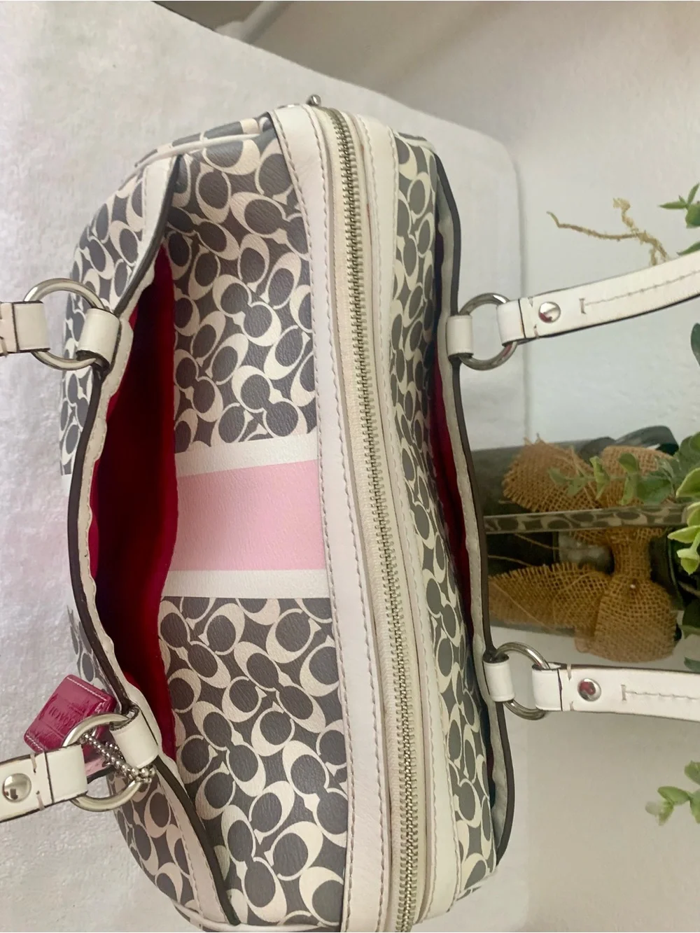 Coach Heritage Signature Cream and Gray Patterned Handbag with Pink Accent